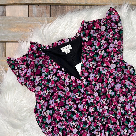 Preppy [J. Crew] Black & Pink Floral V-Neck NWT Ruffle Midi Dress + Pockets | 10 - Picture 3 of 16